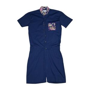 Romper Jack Men's Navy Blue Short Sleeve Utility Romper Size Small Floral Trim